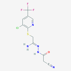 molecular formula C11H9ClF3N5OS B2960185 N'-(2-{[3-chloro-5-(trifluoromethyl)-2-pyridinyl]sulfanyl}ethanimidoyl)-2-cyanoacetohydrazide CAS No. 306976-86-3