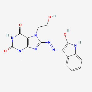 molecular formula C16H15N7O4 B2960197 (E)-7-(2-hydroxyethyl)-3-methyl-8-(2-(2-oxoindolin-3-ylidene)hydrazinyl)-1H-purine-2,6(3H,7H)-dione CAS No. 115294-94-5