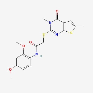 molecular formula C18H19N3O4S2 B2960201 N-(2,4-dimethoxyphenyl)-2-(3,6-dimethyl-4-oxothieno[2,3-d]pyrimidin-2-yl)sulfanylacetamide CAS No. 878695-38-6