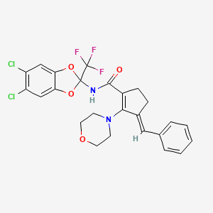 molecular formula C25H21Cl2F3N2O4 B2960211 (E)-3-benzylidene-N-(5,6-dichloro-2-(trifluoromethyl)benzo[d][1,3]dioxol-2-yl)-2-morpholinocyclopent-1-enecarboxamide CAS No. 326869-53-8