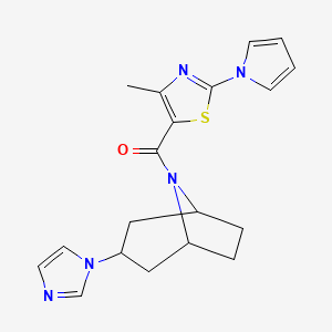 molecular formula C19H21N5OS B2960237 ((1R,5S)-3-(1H-imidazol-1-yl)-8-azabicyclo[3.2.1]octan-8-yl)(4-methyl-2-(1H-pyrrol-1-yl)thiazol-5-yl)methanone CAS No. 2309775-37-7