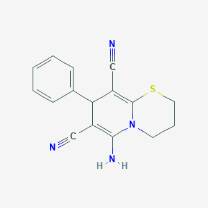 molecular formula C16H14N4S B2960304 6-Amino-8-phenyl-2,3,4,8-tetrahydropyrido[2,1-b][1,3]thiazine-7,9-dicarbonitrile CAS No. 536719-75-2