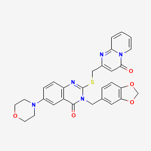 molecular formula C29H25N5O5S B2960314 3-(1,3-Benzodioxol-5-ylmethyl)-6-morpholin-4-yl-2-[(4-oxopyrido[1,2-a]pyrimidin-2-yl)methylsulfanyl]quinazolin-4-one CAS No. 689772-61-0