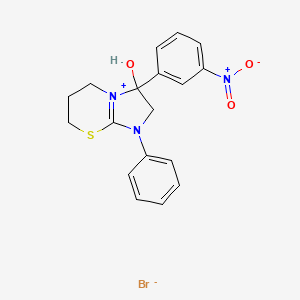 molecular formula C18H18BrN3O3S B2960350 3-hydroxy-3-(3-nitrophenyl)-1-phenyl-3,5,6,7-tetrahydro-2H-imidazo[2,1-b][1,3]thiazin-1-ium bromide CAS No. 352018-37-2