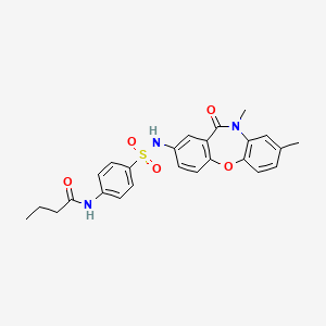 molecular formula C25H25N3O5S B2960389 N-[4-({6,9-dimethyl-10-oxo-2-oxa-9-azatricyclo[9.4.0.0^{3,8}]pentadeca-1(11),3(8),4,6,12,14-hexaen-13-yl}sulfamoyl)phenyl]butanamide CAS No. 922036-74-6