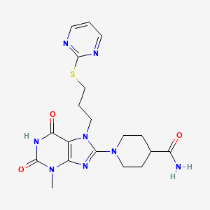 molecular formula C19H24N8O3S B2960447 1-{3-methyl-2,6-dioxo-7-[3-(pyrimidin-2-ylsulfanyl)propyl]-2,3,6,7-tetrahydro-1H-purin-8-yl}piperidine-4-carboxamide CAS No. 673490-76-1