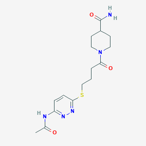 molecular formula C16H23N5O3S B2960456 1-(4-((6-乙酰氨基哒嗪-3-基)硫代)丁酰)哌啶-4-甲酰胺 CAS No. 1105248-48-3