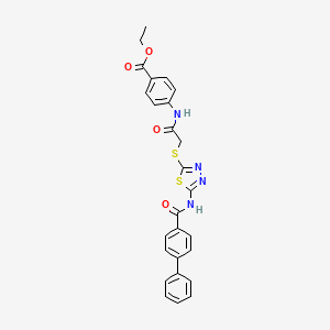 molecular formula C26H22N4O4S2 B2960483 Ethyl 4-[[2-[[5-[(4-phenylbenzoyl)amino]-1,3,4-thiadiazol-2-yl]sulfanyl]acetyl]amino]benzoate CAS No. 392293-39-9