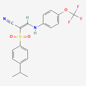 molecular formula C19H17F3N2O3S B2960558 2-((4-(Isopropyl)phenyl)sulfonyl)-3-((4-(trifluoromethoxy)phenyl)amino)prop-2-enenitrile CAS No. 1025130-25-9