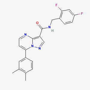 molecular formula C22H18F2N4O B2960646 3,5-dimethoxy-N-(5-{5-oxo-1-[4-(trifluoromethoxy)phenyl]pyrrolidin-3-yl}-1,3,4-oxadiazol-2-yl)benzamide CAS No. 1207027-95-9