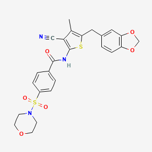 molecular formula C25H23N3O6S2 B2960651 N-(5-(benzo[d][1,3]dioxol-5-ylmethyl)-3-cyano-4-methylthiophen-2-yl)-4-(morpholinosulfonyl)benzamide CAS No. 476367-20-1