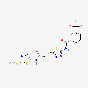 molecular formula C16H13F3N6O2S4 B2960654 N-[5-[2-[(5-ethylsulfanyl-1,3,4-thiadiazol-2-yl)amino]-2-oxoethyl]sulfanyl-1,3,4-thiadiazol-2-yl]-3-(trifluoromethyl)benzamide CAS No. 389072-73-5