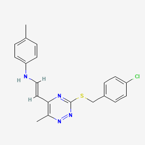 molecular formula C20H19ClN4S B2960714 N-(2-{3-[(4-chlorobenzyl)sulfanyl]-6-methyl-1,2,4-triazin-5-yl}vinyl)-4-methylaniline CAS No. 477866-56-1