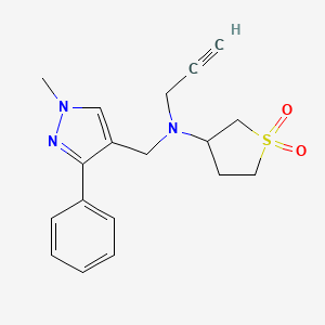molecular formula C18H21N3O2S B2960733 N-[(1-Methyl-3-phenylpyrazol-4-yl)methyl]-1,1-dioxo-N-prop-2-ynylthiolan-3-amine CAS No. 1645401-51-9