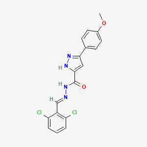 molecular formula C18H14Cl2N4O2 B2960739 (E)-N'-(2,6-二氯苄亚胺基)-3-(4-甲氧苯基)-1H-吡唑-5-甲酰肼 CAS No. 306300-61-8