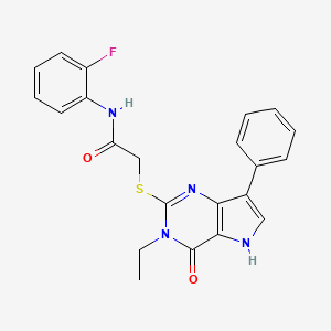 molecular formula C22H19FN4O2S B2960781 2-[(3-ethyl-4-oxo-7-phenyl-4,5-dihydro-3H-pyrrolo[3,2-d]pyrimidin-2-yl)sulfanyl]-N-(2-fluorophenyl)acetamide CAS No. 1021264-30-1