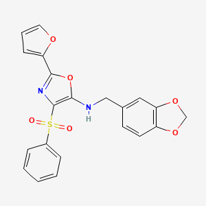molecular formula C21H16N2O6S B2960931 4-(苯磺酰基)-N-(1,3-苯并二氧杂环-5-基甲基)-2-(呋喃-2-基)-1,3-恶唑-5-胺 CAS No. 823829-52-3