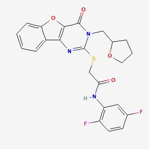 molecular formula C23H19F2N3O4S B2961046 N-(2,5-difluorophenyl)-2-{[4-oxo-3-(tetrahydrofuran-2-ylmethyl)-3,4-dihydro[1]benzofuro[3,2-d]pyrimidin-2-yl]sulfanyl}acetamide CAS No. 900002-90-6