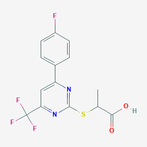 molecular formula C14H10F4N2O2S B2961070 2-{[4-(4-Fluorophenyl)-6-(trifluoromethyl)-pyrimidin-2-yl]thio}propanoic acid CAS No. 514180-15-5