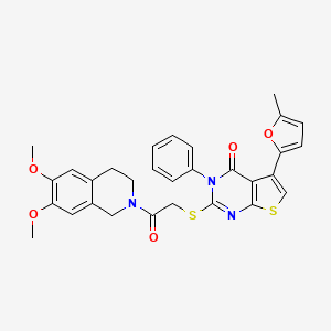 molecular formula C30H27N3O5S2 B2961072 2-[2-(6,7-dimethoxy-3,4-dihydro-1H-isoquinolin-2-yl)-2-oxoethyl]sulfanyl-5-(5-methylfuran-2-yl)-3-phenylthieno[2,3-d]pyrimidin-4-one CAS No. 727688-95-1