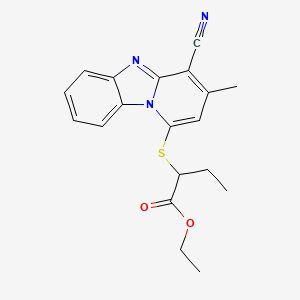 molecular formula C19H19N3O2S B2961101 2-({10-氰基-11-甲基-1,8-二氮杂三环[7.4.0.0^{2,7}]十三-2(7),3,5,8,10,12-己烯-13-基}硫代)丁酸乙酯 CAS No. 879919-61-6