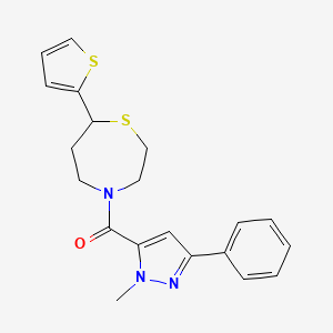 molecular formula C20H21N3OS2 B2961133 (1-methyl-3-phenyl-1H-pyrazol-5-yl)(7-(thiophen-2-yl)-1,4-thiazepan-4-yl)methanone CAS No. 1704518-55-7