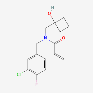 molecular formula C15H17ClFNO2 B2961146 N-[(3-Chloro-4-fluorophenyl)methyl]-N-[(1-hydroxycyclobutyl)methyl]prop-2-enamide CAS No. 2411240-55-4