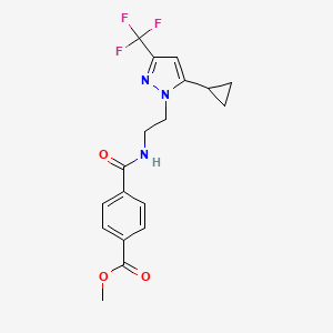 molecular formula C18H18F3N3O3 B2961209 methyl 4-((2-(5-cyclopropyl-3-(trifluoromethyl)-1H-pyrazol-1-yl)ethyl)carbamoyl)benzoate CAS No. 1797976-47-6
