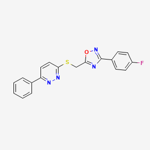molecular formula C19H13FN4OS B2961212 3-(4-Fluorophenyl)-5-(((6-phenylpyridazin-3-yl)thio)methyl)-1,2,4-oxadiazole CAS No. 1111316-39-2