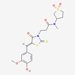 molecular formula C19H22N2O6S3 B2961241 (Z)-N-(1,1-dioxidotetrahydrothiophen-3-yl)-3-(5-(4-hydroxy-3-methoxybenzylidene)-4-oxo-2-thioxothiazolidin-3-yl)-N-methylpropanamide CAS No. 900134-77-2