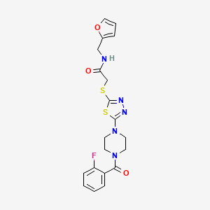 molecular formula C20H20FN5O3S2 B2961260 2-((5-(4-(2-氟苯甲酰)哌嗪-1-基)-1,3,4-噻二唑-2-基)硫代)-N-(呋喃-2-基甲基)乙酰胺 CAS No. 1207016-11-2