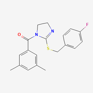 molecular formula C19H19FN2OS B2961261 (3,5-Dimethylphenyl)-[2-[(4-fluorophenyl)methylsulfanyl]-4,5-dihydroimidazol-1-yl]methanone CAS No. 851865-57-1