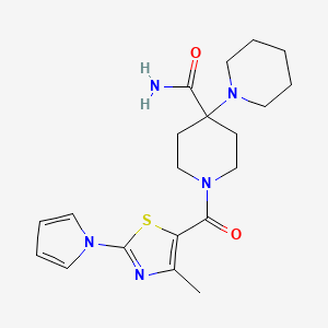 molecular formula C20H27N5O2S B2961281 1'-(4-methyl-2-(1H-pyrrol-1-yl)thiazole-5-carbonyl)-[1,4'-bipiperidine]-4'-carboxamide CAS No. 1251602-47-7