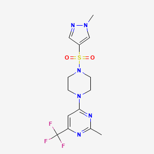 molecular formula C14H17F3N6O2S B2961339 2-甲基-4-{4-[(1-甲基-1H-吡唑-4-基)磺酰基]哌嗪-1-基}-6-(三氟甲基)嘧啶 CAS No. 2097858-10-9