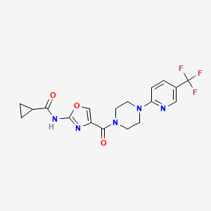 molecular formula C18H18F3N5O3 B2961341 N-(4-(4-(5-(三氟甲基)吡啶-2-基)哌嗪-1-羰基)恶唑-2-基)环丙烷甲酰胺 CAS No. 1351659-60-3