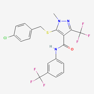 molecular formula C20H14ClF6N3OS B2961366 5-[(4-chlorobenzyl)sulfanyl]-1-methyl-3-(trifluoromethyl)-N-[3-(trifluoromethyl)phenyl]-1H-pyrazole-4-carboxamide CAS No. 321553-30-4