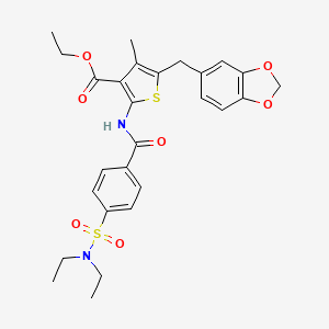 molecular formula C27H30N2O7S2 B2961436 乙酸-5-(苯并[d][1,3]二噁杂环-5-基甲基)-2-(4-(N,N-二乙基磺酰基)苯甲酰胺)-4-甲基噻吩-3-甲酸酯 CAS No. 476365-31-8