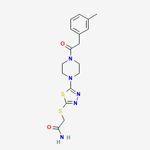 molecular formula C17H21N5O2S2 B2961547 2-((5-(4-(2-(m-Tolyl)acetyl)piperazin-1-yl)-1,3,4-thiadiazol-2-yl)thio)acetamide CAS No. 1105225-03-3