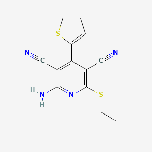 molecular formula C14H10N4S2 B2961557 2-(烯丙硫基)-6-氨基-4-(噻吩-2-基)吡啶-3,5-二腈 CAS No. 310454-11-6