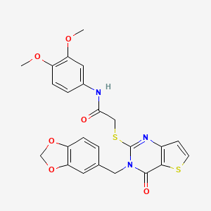 molecular formula C24H21N3O6S2 B2961560 2-({3-[(2H-1,3-benzodioxol-5-yl)methyl]-4-oxo-3H,4H-thieno[3,2-d]pyrimidin-2-yl}sulfanyl)-N-(3,4-dimethoxyphenyl)acetamide CAS No. 2097937-82-9