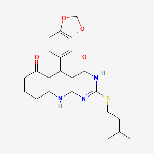 molecular formula C23H25N3O4S B2961561 5-(benzo[d][1,3]dioxol-5-yl)-2-(isopentylthio)-7,8,9,10-tetrahydropyrimido[4,5-b]quinoline-4,6(3H,5H)-dione CAS No. 631853-33-3