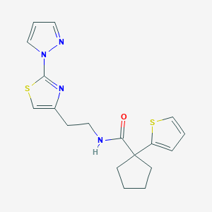 molecular formula C18H20N4OS2 B2961579 N-(2-(2-(1H-pyrazol-1-yl)thiazol-4-yl)ethyl)-1-(thiophen-2-yl)cyclopentanecarboxamide CAS No. 1448053-30-2