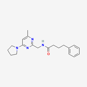 molecular formula C20H26N4O B2961586 N-((4-methyl-6-(pyrrolidin-1-yl)pyrimidin-2-yl)methyl)-4-phenylbutanamide CAS No. 1797804-27-3