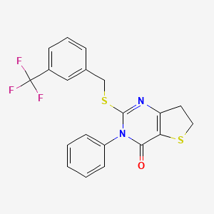 molecular formula C20H15F3N2OS2 B2961591 3-苯基-2-[[3-(三氟甲基)苯基]甲硫基]-6,7-二氢噻吩并[3,2-d]嘧啶-4-酮 CAS No. 686770-93-4