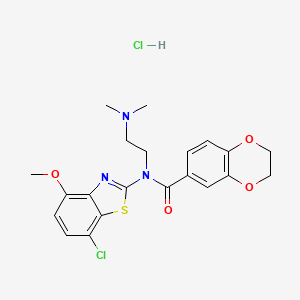 molecular formula C21H23Cl2N3O4S B2961608 N-(7-chloro-4-methoxybenzo[d]thiazol-2-yl)-N-(2-(dimethylamino)ethyl)-2,3-dihydrobenzo[b][1,4]dioxine-6-carboxamide hydrochloride CAS No. 1177698-26-8