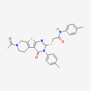 molecular formula C27H26N4O3S2 B2961609 2-((7-acetyl-4-oxo-3-(p-tolyl)-3,4,5,6,7,8-hexahydropyrido[4',3':4,5]thieno[2,3-d]pyrimidin-2-yl)thio)-N-(p-tolyl)acetamide CAS No. 1189647-63-9