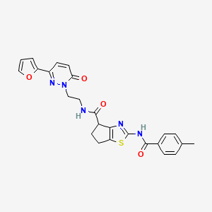 molecular formula C25H23N5O4S B2961634 N-(2-(3-(呋喃-2-基)-6-氧代嘧啶并[1(6H)-基)乙基)-2-(4-甲基苯甲酰氨基)-5,6-二氢-4H-环戊并[d]噻唑-4-甲酰胺 CAS No. 1203300-40-6
