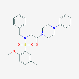 molecular formula C27H31N3O4S B296175 N-benzyl-2-methoxy-5-methyl-N-[2-oxo-2-(4-phenyl-1-piperazinyl)ethyl]benzenesulfonamide 