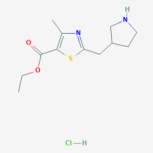 molecular formula C12H19ClN2O2S B2961827 Ethyl 4-methyl-2-(pyrrolidin-3-ylmethyl)-1,3-thiazole-5-carboxylate;hydrochloride CAS No. 2248363-11-1