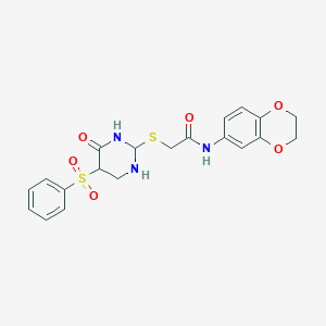 molecular formula C20H17N3O6S2 B2961835 2-{[5-(benzenesulfonyl)-6-oxo-1,6-dihydropyrimidin-2-yl]sulfanyl}-N-(2,3-dihydro-1,4-benzodioxin-6-yl)acetamide CAS No. 866810-46-0